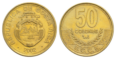 Коста-Рика 50 колонов 2002 KM 231.1a алюминиевая бронза UNC 4642-935