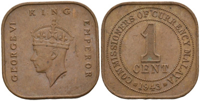 Британская Малайя 1 цент 1943 Георг VI (1937-1952) KM 6 бронза 4153-632