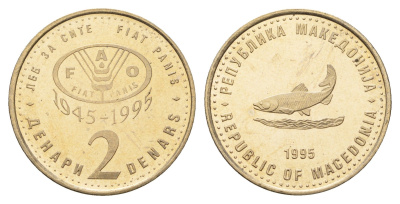 Македония 2 денара 1995 50 лет ФАО, серый цвет KM 6a медь цинк никель UNC 4699-135