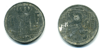 БЕЛЬГИЯ 1 ФРАНК 1946 BELGIE-BELGIQUE, ГЕРМАНСКАЯ ОККУПАЦИЯ, ВТОРАЯ МИРОВАЯ ВОЙНА KM 128 цинк 86-1631