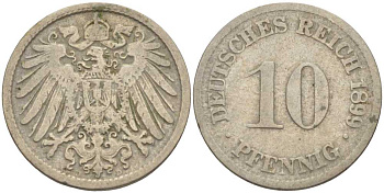 ГЕРМАНИЯ 10 ПФЕННИГОВ 1899 D KM 12, J. 13 медно-никель 4401-1053