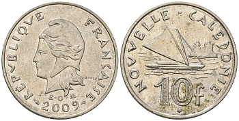 Французская Новая Каледония 10 франков 2009 рыбачья парусная лодка, (IEOM) KM 11a, Schoen 13a, Lec 99k медно-никель 61-652
