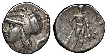 Лукания, Гераклея номос (статер) 276 - 250 гг. до н.э. HPAKΛEIΩN, голова Афины в коринфском шлеме / Геракл с палицей и львиной шкурой, справа Ника, 6,23 гр HN Italy 1429, SNG ANS 95 серебро    00-807-21