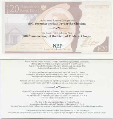 Польша 20 злотых 2009 200 лет со дня рождения Фридерика Шопена, ноты, мазурка, в оригинальном буклете Pick 181  бумага  UNC (пресс) 451-66-1