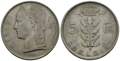 Бельгия 5 франков 1949 BELGIE KM 135 медно-никель 4172-555
