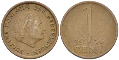 НИДЕРЛАНДЫ 1 ЦЕНТ 1959 ЮЛИАНА KM 180 бронза 66-868