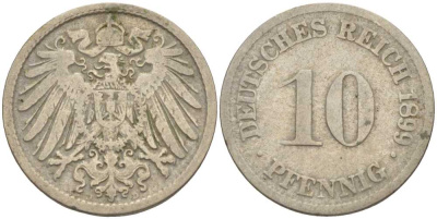 ГЕРМАНИЯ 10 ПФЕННИГОВ 1899 D KM 12, J. 13 медно-никель 4401-1053