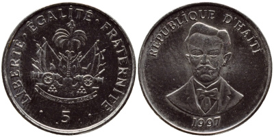 Гаити 5 сантимов 1997 Шарлемань Перальт KM 154а сталь плакированная никелем UNC 4609-226