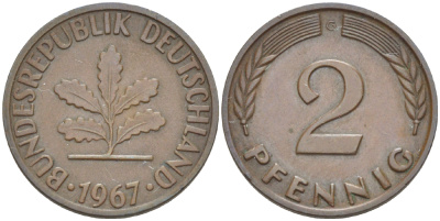 ФРГ 2 ПФЕННИГА 1967 G KM 106, J. 381 бронза 4181-751