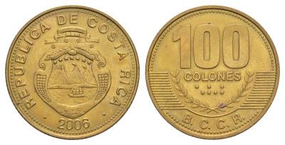 Коста-Рика 100 колонов 2006 KM 240a сталь плакированная латунью UNC 4642-952