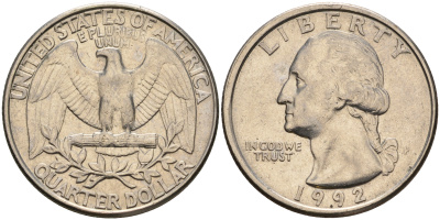 США 25 центов (квотер) 1992 P, Вашингтон KM А164а медь плакированная медно-никелем    4603-951