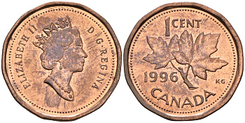 Канада 1 цент 1996 Елизавета II (1952-2022), кленовый лист KM 181 бронза    4147-324