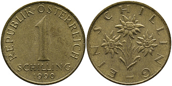 АВСТРИЯ 1 ШИЛЛИНГ 1990 KM 2886 алюминиевая бронза 33-436