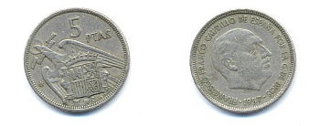 ИСПАНИЯ 5 ПЕСЕТ 1968 KM 786 медно-никель 54-1451