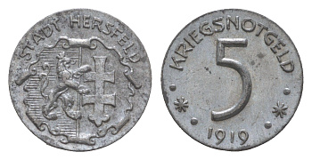 Херсфельд 5 пфеннигов 1919 Funck 211.10, Men18 14380.11 цинк 5010-614