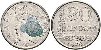 Бразилия 20 сентаво 1978 голова Свободы влево KM 579.1a, Schon 84b нержавеющая сталь 87-451