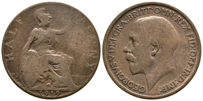 Великобритания 1/2 пенни 1919 Георг V (1910-1936) KM 809, Spink 4056 бронза 08-723