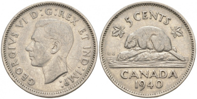 Канада 5 центов 1940 бобр, Георг VI (1937-1952) KM 33 никель 73-1153