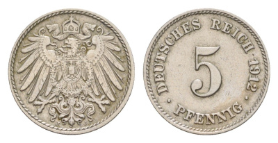 Германия 5 пфеннигов 1912 J, Вильгельм II (1888-1918) KM 11, J. 12 медно-никель 4640-144