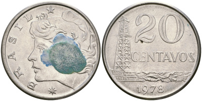 Бразилия 20 сентаво 1978 голова Свободы влево KM 579.1a, Schon 84b нержавеющая сталь 87-451