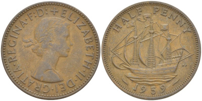 Великобритания 1/2 пенни 1959 Елизавета II (1952-2022) KM 896, Spink 4158 бронза 4544-122