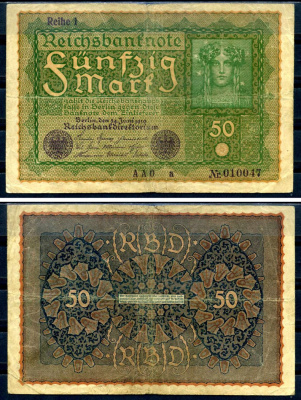 Германия 50 марок 1919 24 июня 1919, reihe I, серия AAO, выпуск с ноября 1919 года Pick 66 (1), Rosenberg 62аа бумага 8619-26-2-2