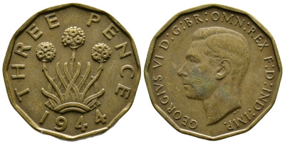 Великобритания 3 пенса 1944 Георг VI (1936-1952) KM 849, Spink 4112 никель латунь 51-936