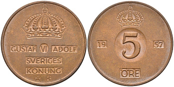 Швеция 5 эре 1957 TS, Густав VI Адольф (1950-1973) KM 822 бронза 4557-746