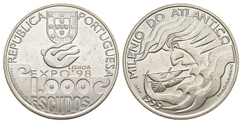 Португалия 1000 эскудо 1999 1000 лет Атлантике под парусом KM 721 серебро BU 1088-2-13