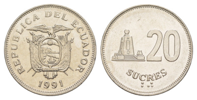 Эквадор 20 сукре 1991 KM 94.2 сталь плакированная никелем UNC 4641-723