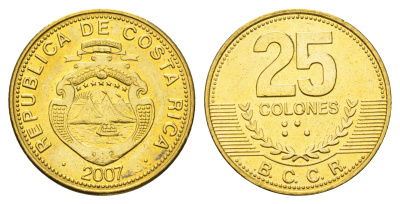 Коста-Рика 25 колонов 2007  KM 229c сталь плакированная латунью UNC M84-10
