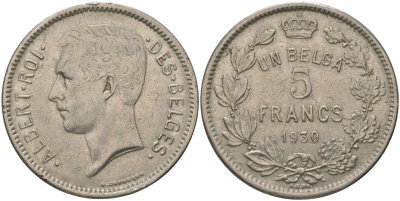 Бельгия 5 франков 1930 Belges, Альберт I (1909-1934) KM 97 никель 4157-1115
