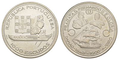 Португалия 1000 эскудо 1996 Восстановление фрегата Фернандо II "Gloria" KM 688 серебро BU 1088-1-23