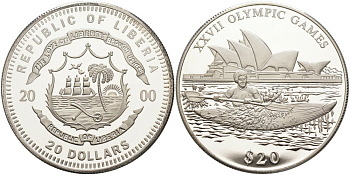 Либерия 20 долларов 2000 XXVII Олимпийские игры В СИДНЕЕ, ГРЕБЛЯ НА БАЙДАРКЕ KM 736 серебро PROOF 00-00