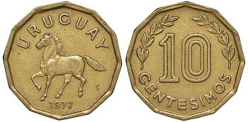Уругвай 10 сентесимо 1977 KM 66 алюминиевая бронза 4164-754