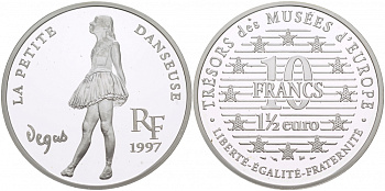 Франция 10 франков = 1 1/2 евро 1997 серия сокровища музеев Европы, танцовщица, Дега серебро PROOF 1068-4-62