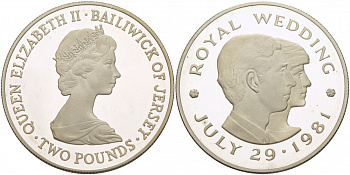 Джерси 2 фунта 1981 королевская свадьба принца Чарльза и леди Дианы Спенсер, 29 июля 1981 года KM 52a серебро PROOF 04-136-15