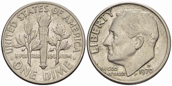 США 10 ЦЕНТОВ = 1 ДАЙМ 1970 D, РУЗВЕЛЬТ KM 195а медь плакированная медно-никелем 105-658
