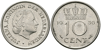 НИДЕРЛАНДЫ 10 ЦЕНТОВ 1956 ЮЛИАНА KM 182 никель 96-434