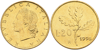 Италия 20 лир 1995 R, дубовый лист KM 97.2 алюминиевая бронза  UNC  4594-966