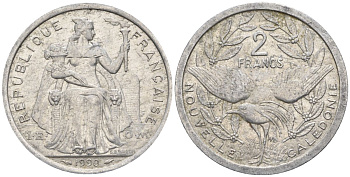 Французская Новая Каледония 2 франка 1990 птица кагу, (IEOM) KM 14, Schoen 11, Lec 66 алюминий    27-1155