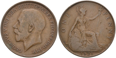 Великобритания 1 пенни 1921 Георг V (1910-1936) KM 810, Spink 4051 бронза 97-321