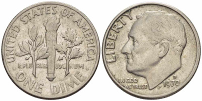 США 10 ЦЕНТОВ = 1 ДАЙМ 1970 D, РУЗВЕЛЬТ KM 195а медь плакированная медно-никелем 105-658