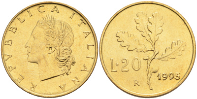 Италия 20 лир 1995 R, дубовый лист KM 97.2 алюминиевая бронза  UNC  4594-966