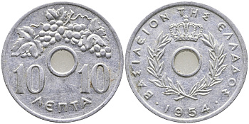 Греция 10 лепта 1954 Павел I (1947-1964), виноградная лоза KM 78 алюминий 28-812