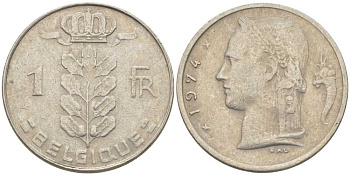 Бельгия 1 франк 1974 Belgique, Бодуэн I (1951-1993) KM 142.1 медно-никель 119-527