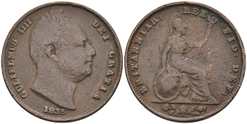 Великобритания 1 фартинг 1835 Вильгельм IV (1830-1837), медальный тип KM 705, Spink 3848 медь 4584-312