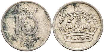 Швеция 10 эре 1954 Густав VI Адольф (1950-1973) KM 823 серебро 4147-865