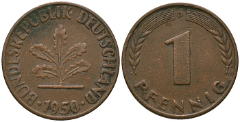 ФРГ 1 пфенниг 1950 D KM 105 сталь плакированная медью 4567-437