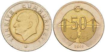 Турция 50 курушей 2009 KM 1243 биметалл 4610-1127